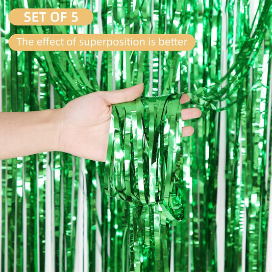 5 Pack Green Foil Curtain Backdrop 3.2ft x 9.8ft Metallic Tinsel Foil Fringe Curtains Streamer Photo Booth Backdrop for Birthday Party Engagement Bachelorette Party Decorations (Green)