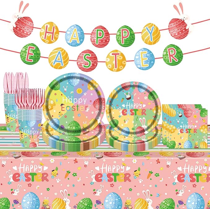 98PCS Easter Party Supplies Happy Easter Paper Plates and Napkins Colorful Easter Bunny Egg Tableware Set Spring Easter Party Decorations Easter Holiday Party Disposable Dinnerware Set for 16 Guests
