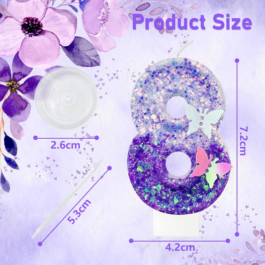 8Th Birthday Candle for Cake,Butterfly Cake Toppers,Butterfly Birthday Decorations,Purple Birthday Candles,for Birthdays,Theme Parties, Celebration, Anniversary