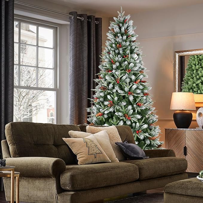 8FT Frosted Artificial Christmas Tree with 2850 PE+PVC Branch Tips, Realistic Unlit Christmas Tree with Red Berry and Pine Cone, Memory Wire Hinged Full Xmas Tree with Metal Base for Party, Holiday