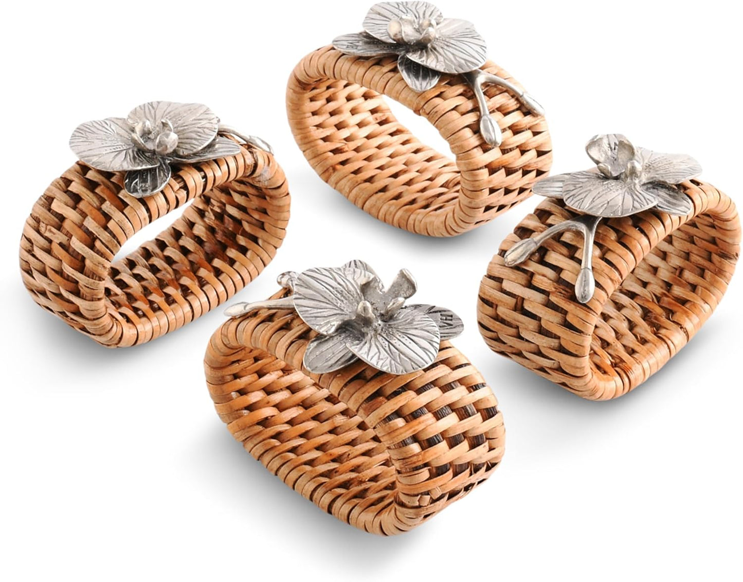 Vagabond House Natural Eco-Friendly Pewter Orchid on Rattan Napkin Rings - Designer Rattan Decor, House Naturals - Easy Care, Refined Tablescape Set of 4