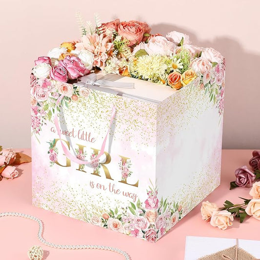 Extra Large Baby Girl Gift Bags - Pink Floral Baby Shower Square Gift Bag A Sweet Little Girl is on the Way Wrapping Paper Bag for Newborn Congratulations Gifts Gender Reveal Party Favors Decor