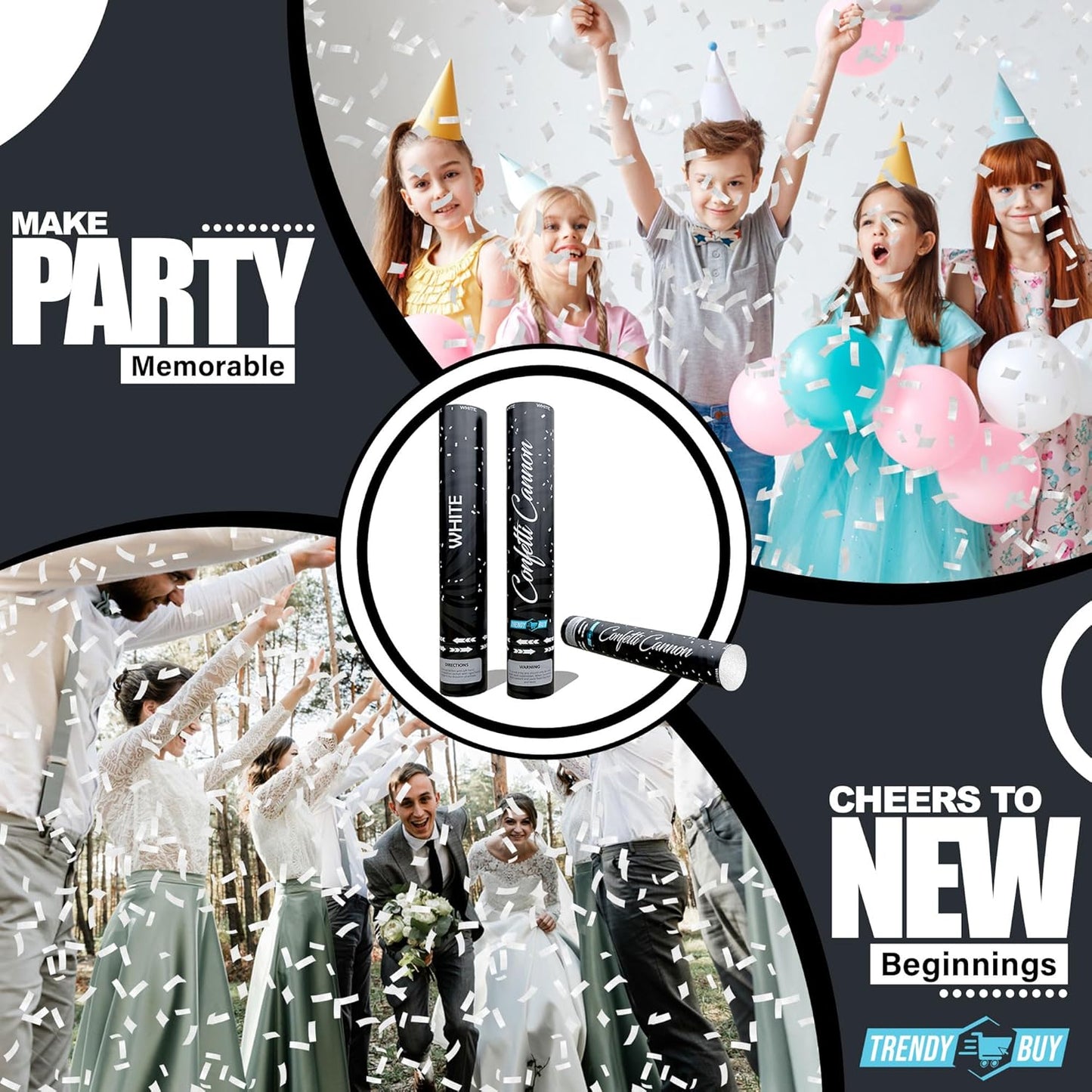 12" White Confetti Poppers (6-Pack) | Biodegradable Rice Paper Confetti Cannon for Weddings, Birthdays, Anniversaries, and New Year's | Shoots 25ft | Eco-Friendly Party Confetti Shooter