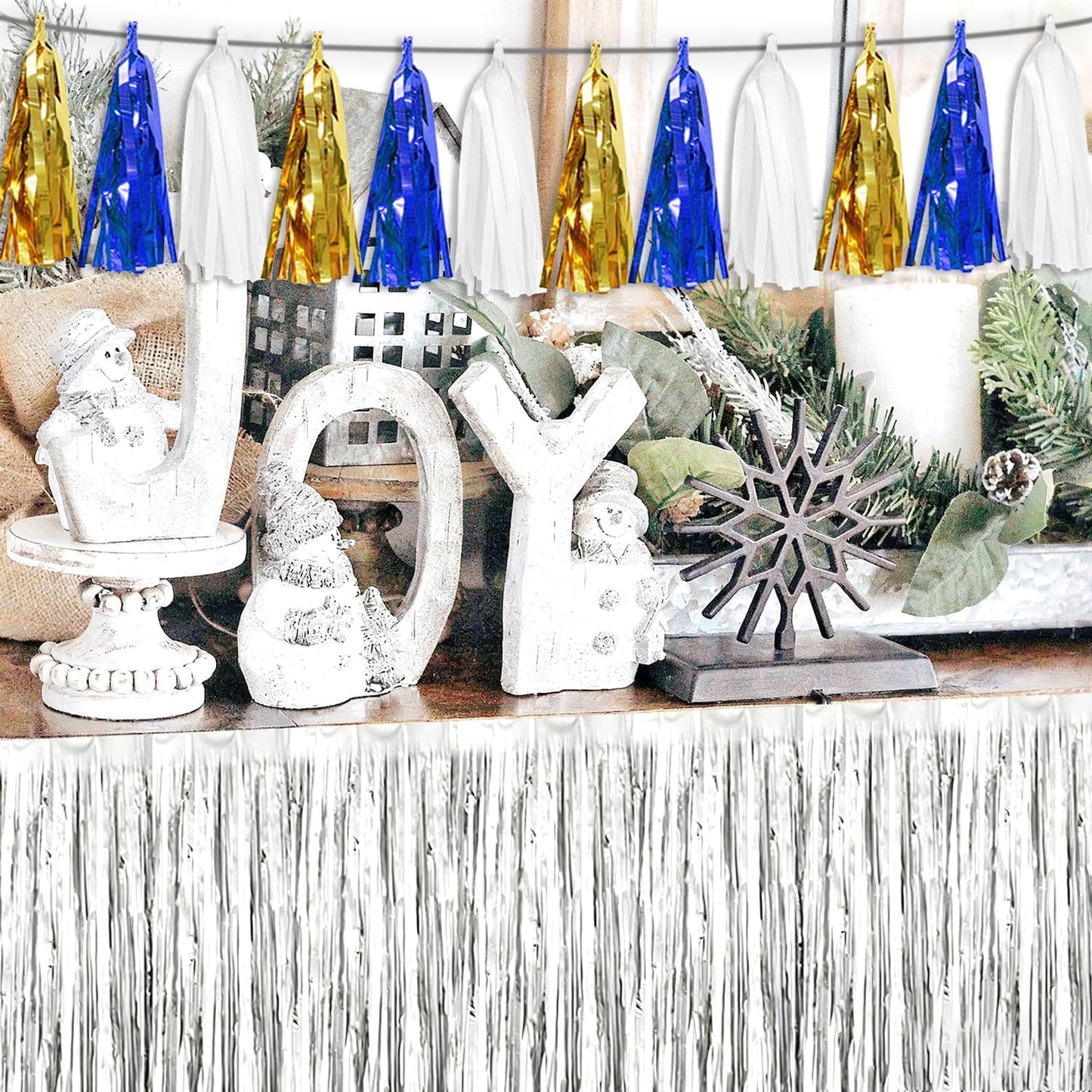 3 Pack Navy-Blue White and Gold Tassel Banner Garland Metallic Foil Fringe Banner Tinsel Tassels Streamer Banner Backdrop for Parade Floats, 2025 Graduation, Retirement Party Decoratio