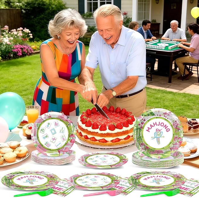 OBUSATT 96Pcs Mahjong Party Supplies Mahjong Paper Plates Napkins and Forks Mah jong Birthday Party Decorations Green and Pink Dinnerware for Home Special Events Game Night Tableware Serves 24