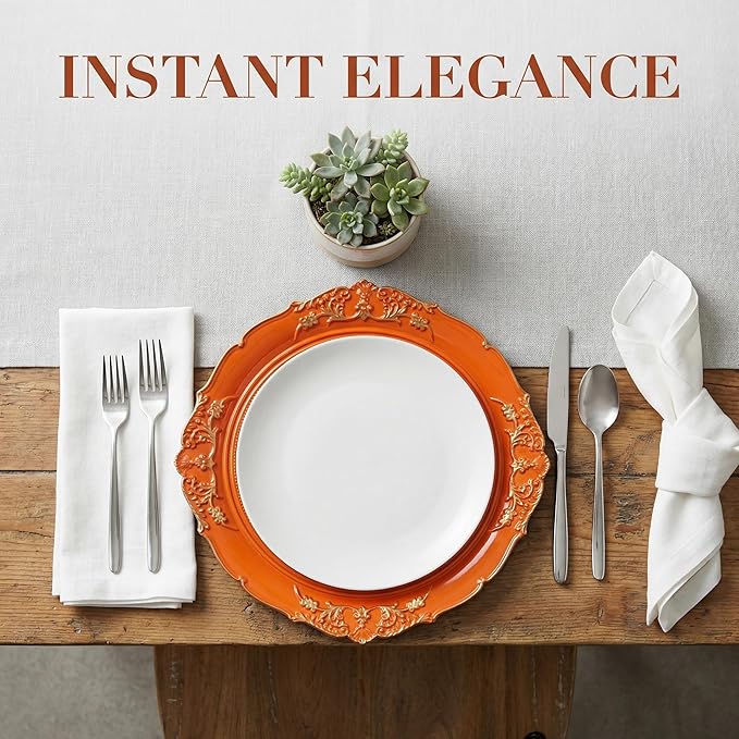 Orange Charger Plates, 13 Inch Embossed Chargers for Dinner Plates. Plastic Charger for Wedding, Party. (Set of 6)