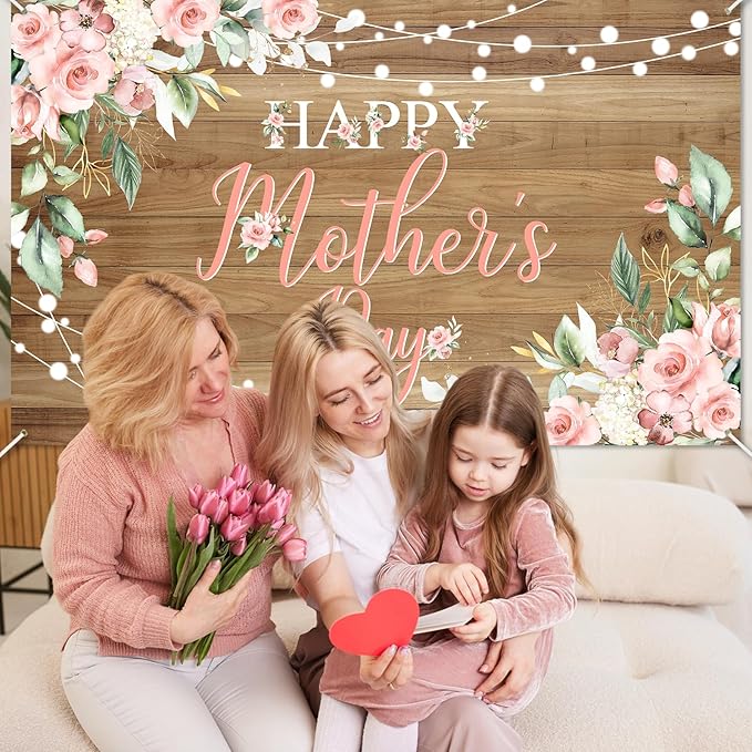 Avezano Happy Mother's Day Banner Floral Wood Mothers Day Backdrop Happy Mothers Day Party Decorations Thanks Mother's Day Photo Booth Props 6x3.6ft
