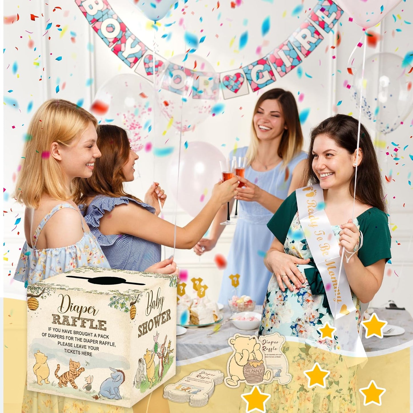 Winnie Baby Shower Decorations, Pooh Party Decorations, the Pooh Baby Shower Games, Winnie Diaper Raffle Box With 50Pcs Winnie Cards,Oh Baby Newborn Party Favors Boys and Girls First Birthday Supplies