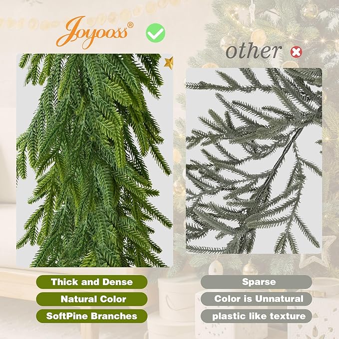 9FT Christmas Garland Norfolk Pine Garland Real Touch Faux Greenery Cedar Garlands for Mantle,Table,Wall,Christmas Decorations Indoor Outdoor