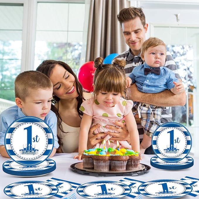 96Pcs Baby First Birthday Party Supplies Boy 1st Birthday Paper Plates Napkins Nautical Blue One Party Decorations Baby Show One Year Old Dinnerware Favor Tableware Serves 24
