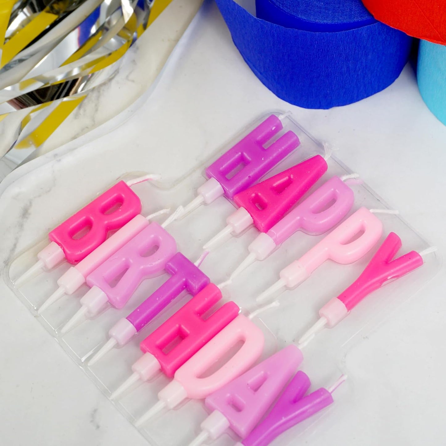 Happy Birthday Letter Candles | Pink & Purple Cake Candle Set (13 Pieces) by Hampton Distribution