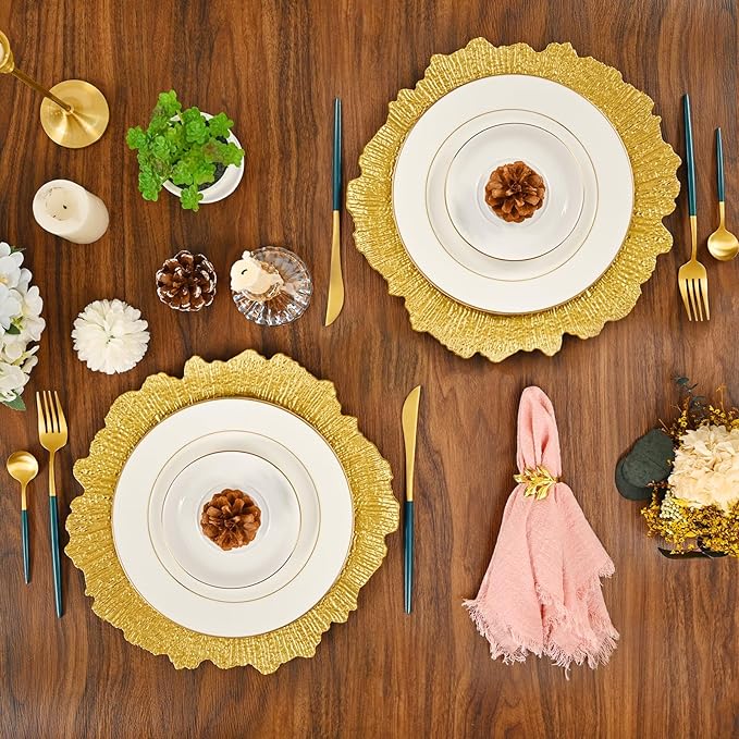 Pesonlook 24Pcs Bright Gold Charger Plates Round 13inch, Reef Plate Chargers for Dinner, Bulk Plastic Floral Table Charger Plates for Dinner Wedding Party Event Table Setting Decoration(Bright Gold)