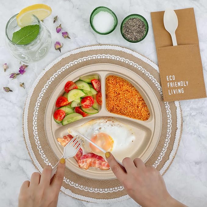 150PCS 100% Compostable 10in Brown Paper Plate, 3-Compartment Heavy Duty Disposable Plates, Eco-Friendly Sectional Plates, Biodegradable Divided Plates Made of Sugarcane Fiber