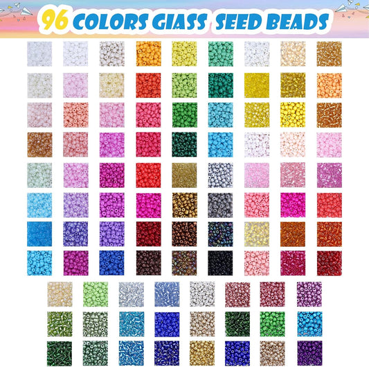 EFIVS ARTS Seed Beads 96 Colors 4MM Small Beads Kit Tiny Bracelet Waist Beads Set with Pendant Charms Letter Beads Kit for Concert Bracelets DIY Making