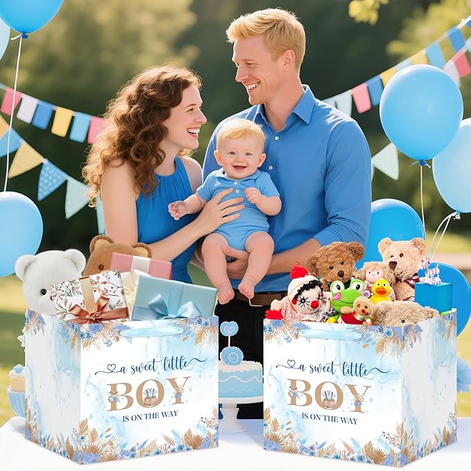 Woosytoo Sweet Baby Boy Gift Bag, Extra Large Baby Shower Square Gift Bags Blue Floral Jumbo Gifts Bag A Sweet Little Boy is on The Way Wrapping Paper Bag for Newborn Gender Reveal Party Favors