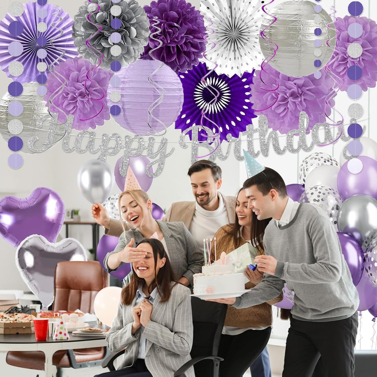 Purple Silver Birthday Party Decorations Kit with Happy Birthday Banner, Paper Lanterns, Streamers, Tissue Pom Poms, Honeycomb Flower Fans, Silver and Purple Balloons, & More for Women Girls' Party