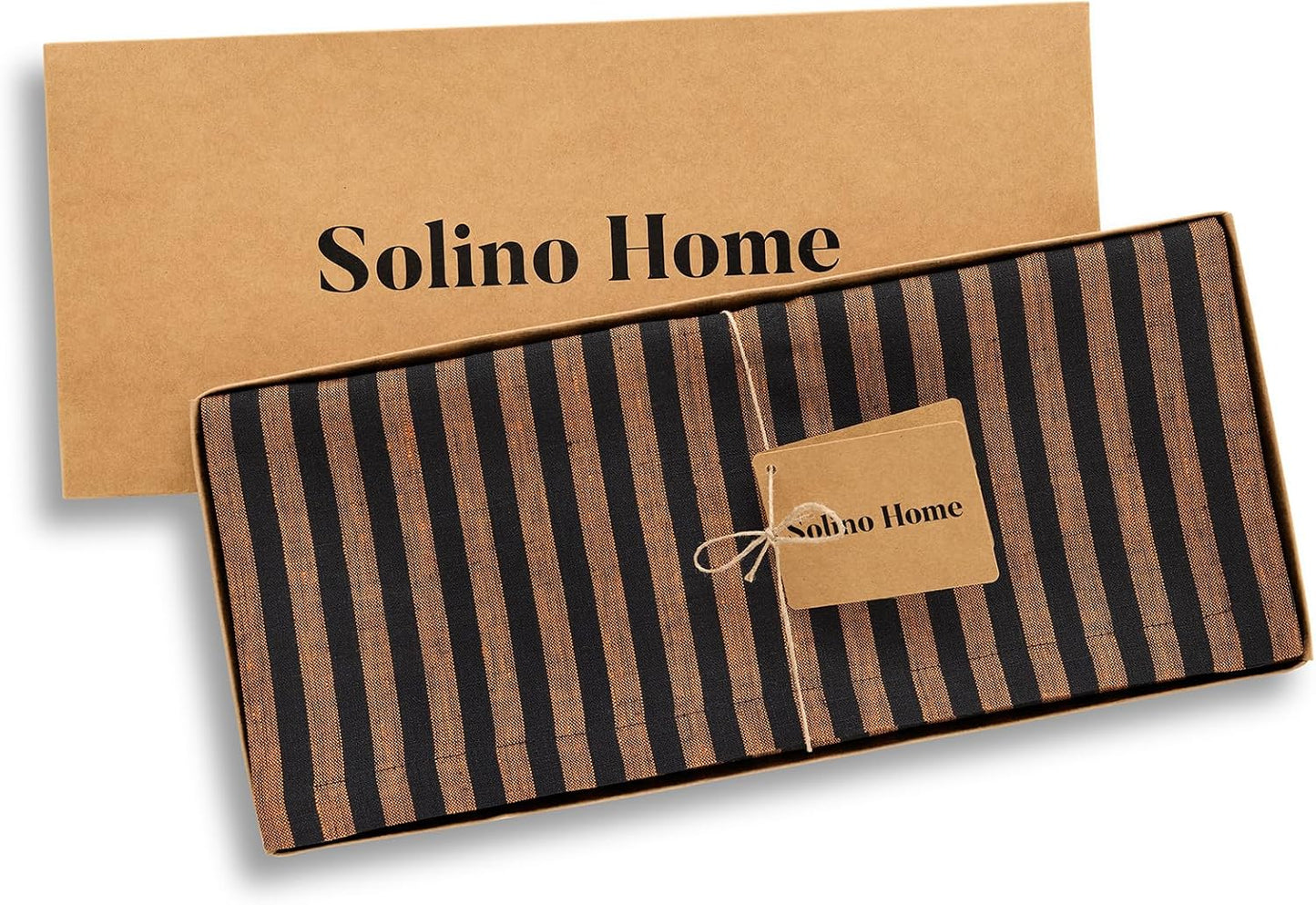 Solino Home Table Runner 144 Inches Long - Amalfi Stripe, 100% Pure Linen Pumpkin and Black Table Runner 14 x 144 Inch for Dining, Fall, Autumn, Halloween, Thanksgiving