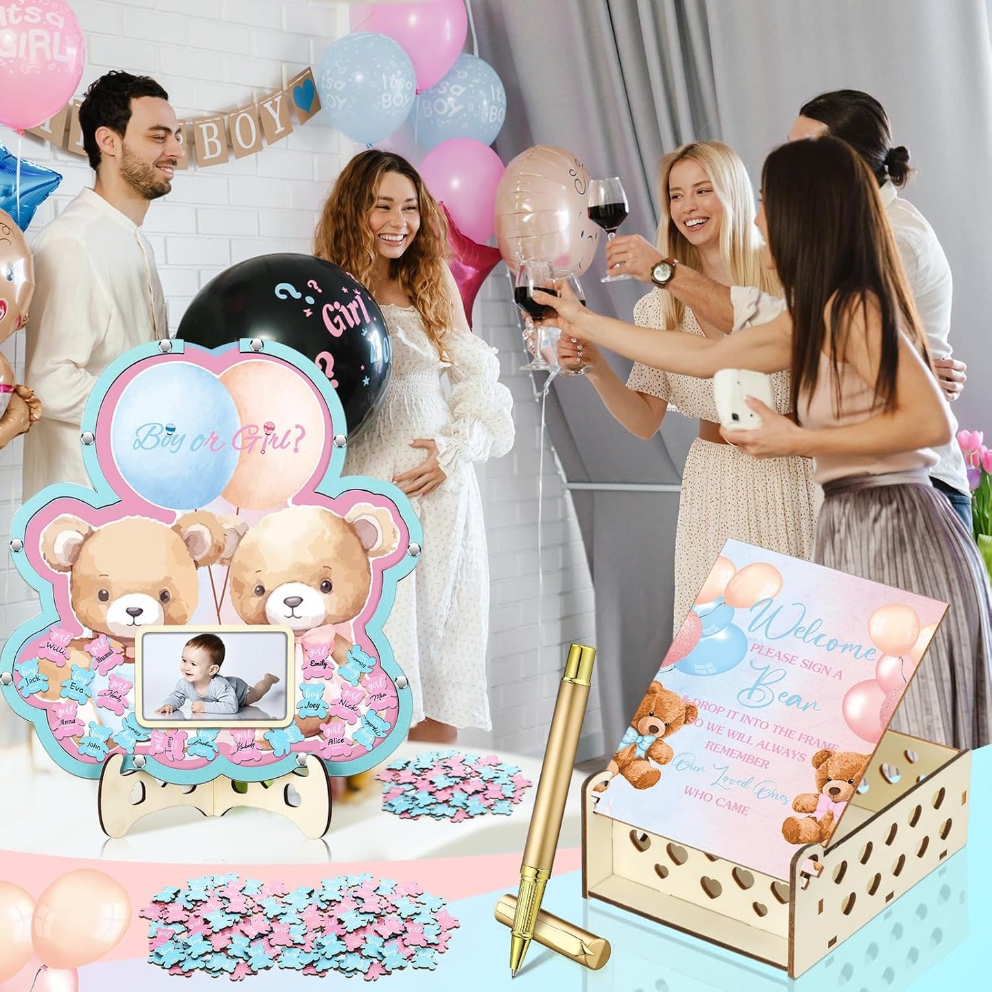 Wenqik 63 Bear Gender Reveal Baby Shower Guest Book Alternatives Set Baby Shower Decorations with Photo Frame Sonogram Frame Keepsake 60 Wood Slices Guest Book for Birthday
