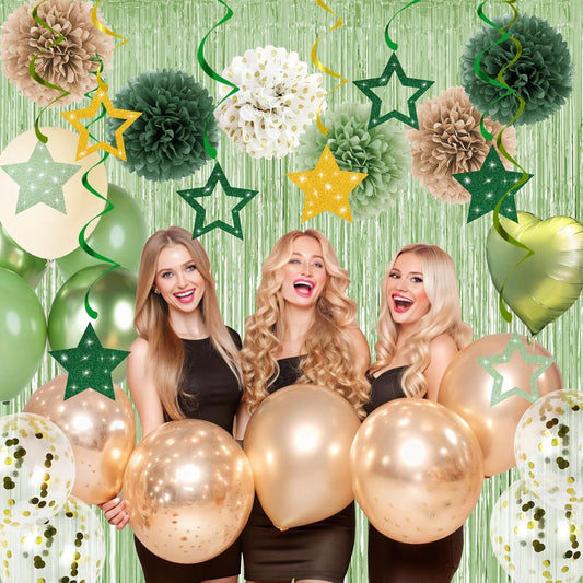 Happy Birthday Decorations for Women and Girls Sage Green Retro Rustic Neutral Boho Party Supplies - Banner, Fringe Curtains, Pom Poms, Hanging Swirls, Balloons, Cake Toppers