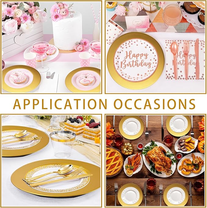 Cheardia 12 Pack Plastic Gold Charger Plates, 13 Inch Round Decorative Serving Dinner Charger Plate Bulk for Wedding, Catering, Parties, Restaurant, Home