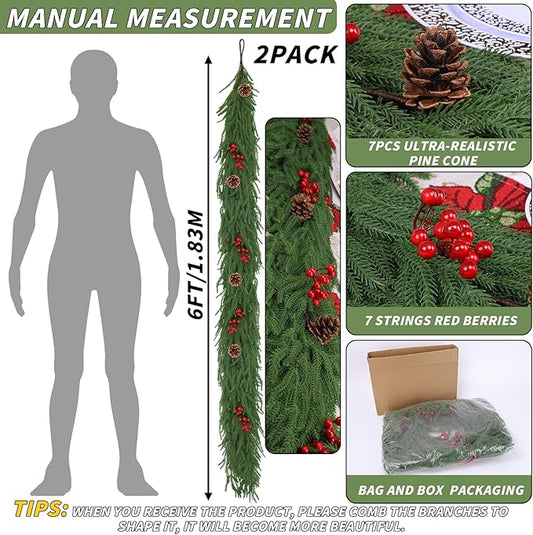 2 Pack 6FT Christmas Norfolk Pine Garlands with Pine Cone Real Touch Christmas Garland Artificial Greenery Garland for Fireplace, Table, Wall, Stairs, Outdoor Holiday Décor