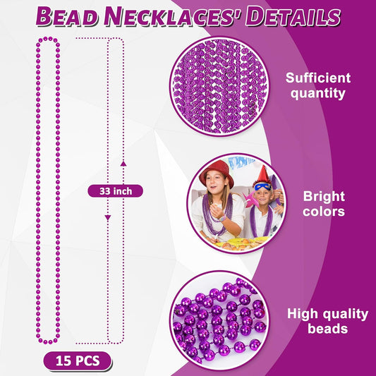 15PCS Mardi Gras Beads, Purple Bead Necklace Party Favors, 33" Purple Necklaces Festival Parade Throw Accessories, Halloween Mardi Gras Wedding Birthday School Activities Celebrations Decorations