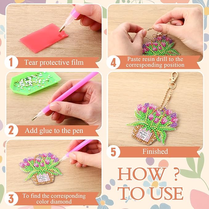 Huquary 24 Pcs Mother's Day Diamond Art Keychain Kits 5d DIY Diamond Art Mother's Day Crafts Pendant Ornaments for Mom Grandma Flower Basket Mom and Child Charms for Birthday Party Favors Decorations