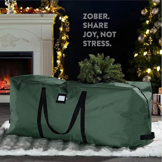 ZOBER 600D Oxford Fabric Large Christmas Tree Storage Bag - Fits 9 Ft Artificial Trees - Tear Proof Waterproof Christmas Tree Bag For Storage Box For Xmas - Strong, Durable Handles - Card Slot - Green
