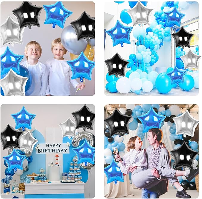 Blue Black Silver Star Foil Balloons, 10PCS Foil Stars Shape Balloon, 18 Inch Metallic Star Pentagram Balloons Helium for Boys Men, Graduation, Baby Shower, Wedding, Space Birthday Party Decoration