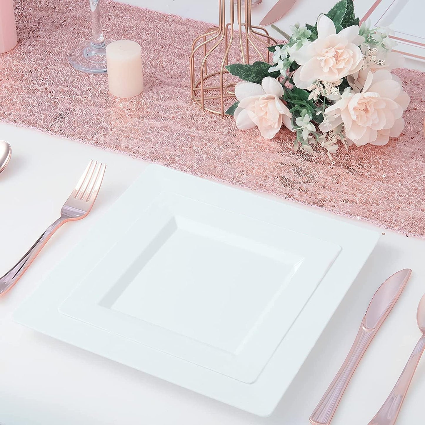 Disposable Square Plastic Plates - 100 Pack - 50 x 9.5 Dinner and 50 x 6.5 Salad Combo Plate - Premium Heavy Duty - Fancy and perfect for a Party, Wedding, or Birthday