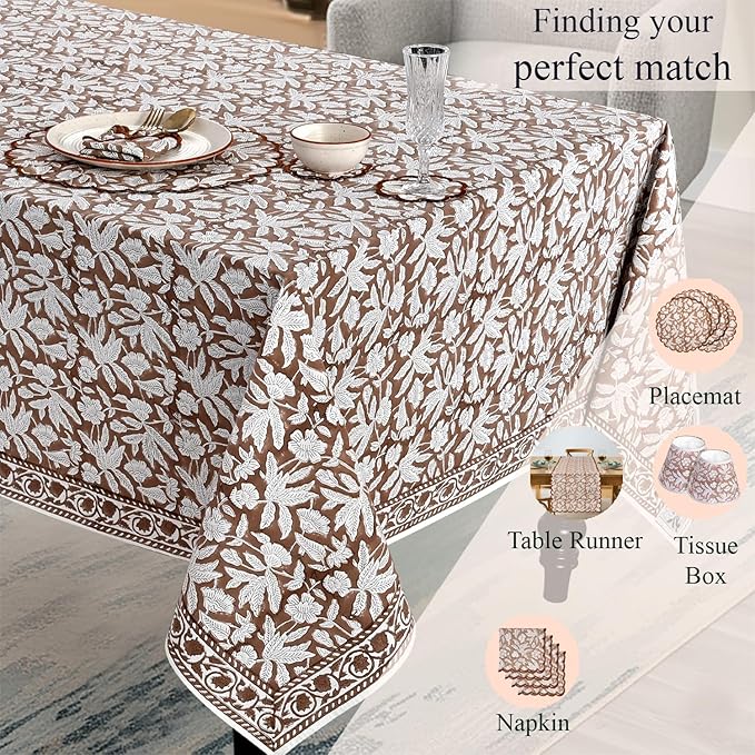 Ridhi Hand Block Print Oak Brown Rectangle Cotton Tablecloth 108" x 60" Reusable Table Cover Decorative Everyday Use for Dining, Farmhouse, Home Gift for Spring, Easter, Valentine