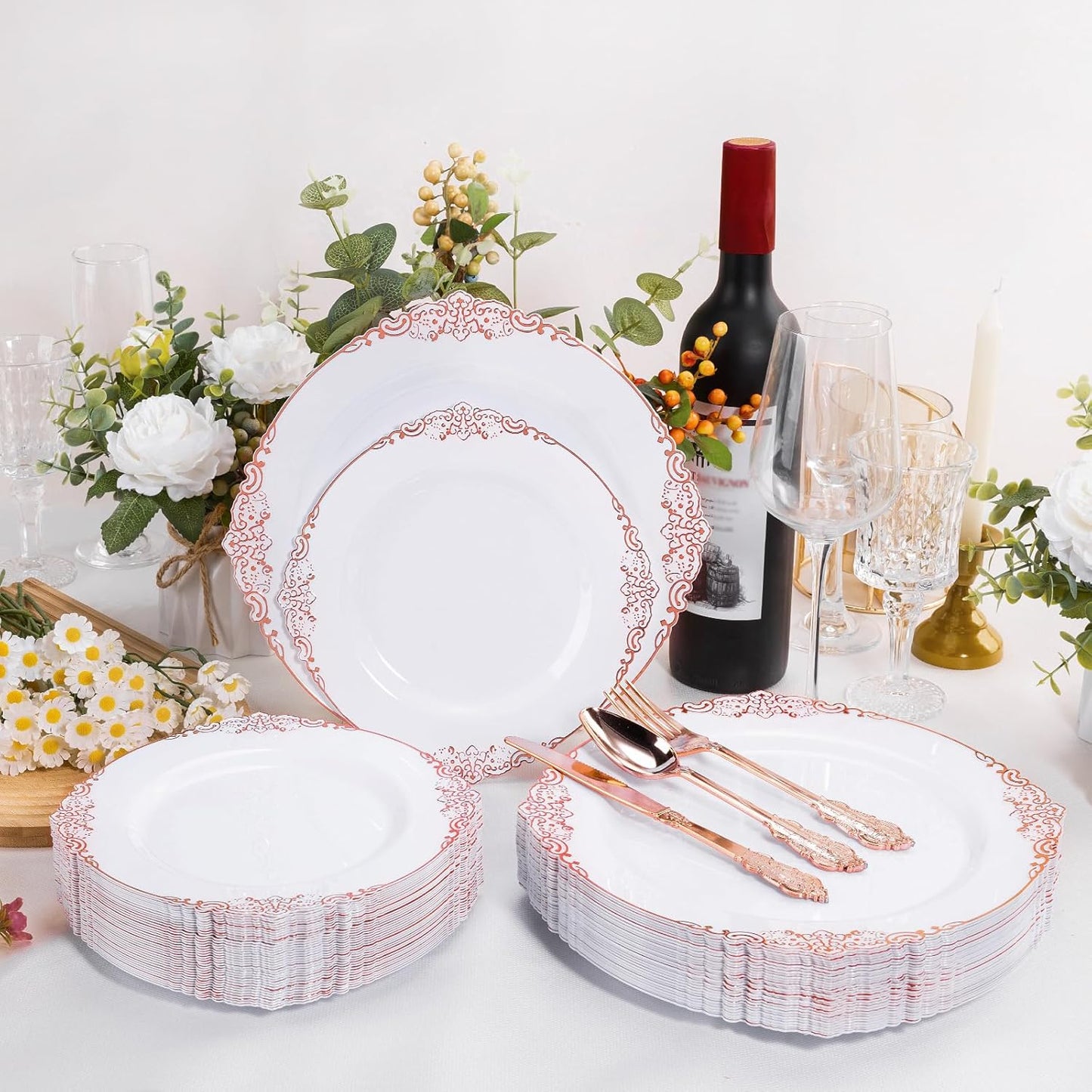 100 PCS White and Rose Gold Plastic Plates for 50 Guests, Rose Gold Disposable Plates Include 50 PCS Dinner Plates, 50 PCS Dessert Plates for Party, Wedding and Baby Shower