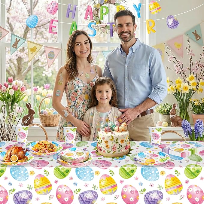 102 Pcs Easter Party Decorations Set - Spring Watercolor Eggs Paper Plates and Napkins Kit, Includes Happy Easter Banner, Plates, Napkins, Cups, Plastic Tablecloth for Easters Supplies Table Decor