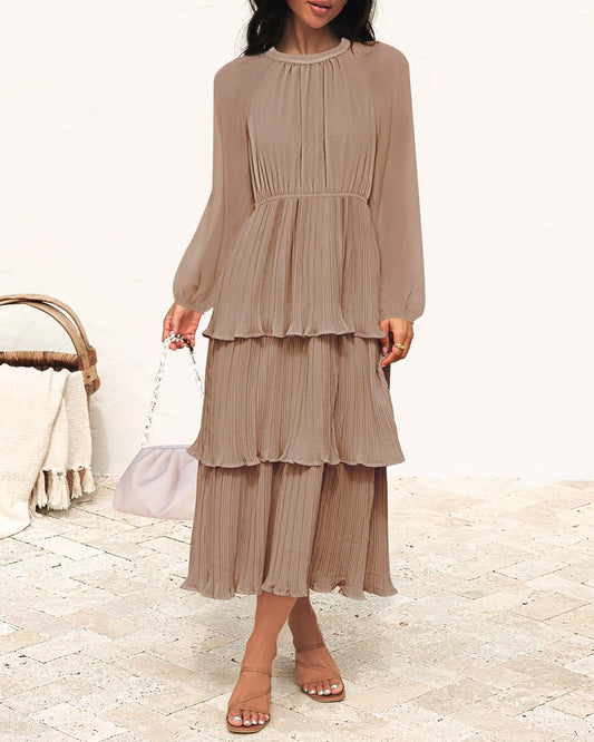 ZESICA Women's 2025 Long Sleeve Crew Neck Ruffle Tiered Layered Chiffon Flowy Swing Long Midi Dress