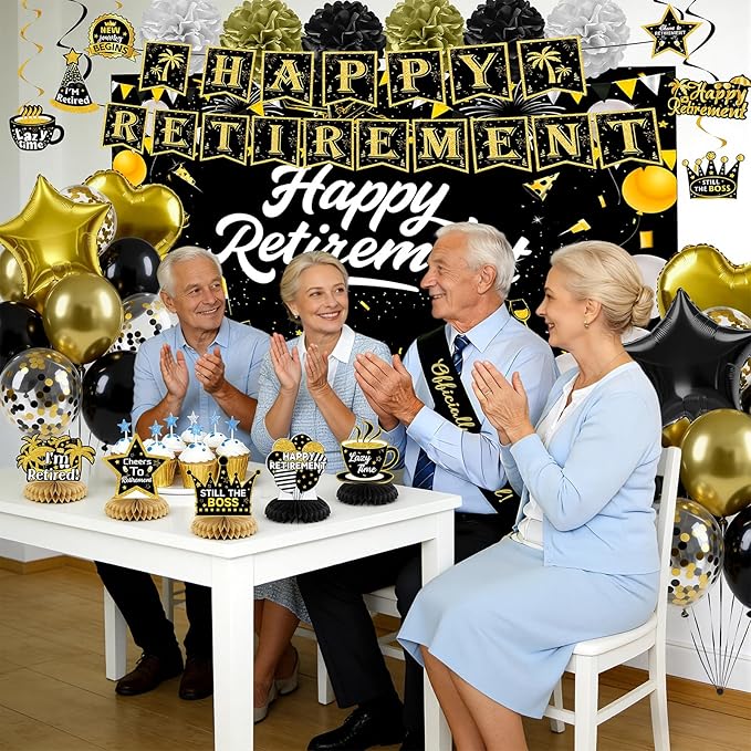 Retirement Party Decorations, Black Gold Happy Retirement Decorations for Women Men Happy Banner & Backdrop Hanging Swirls Foil Balloon Retire Sash Paper PomPoms and Honeycomb Centerpieces