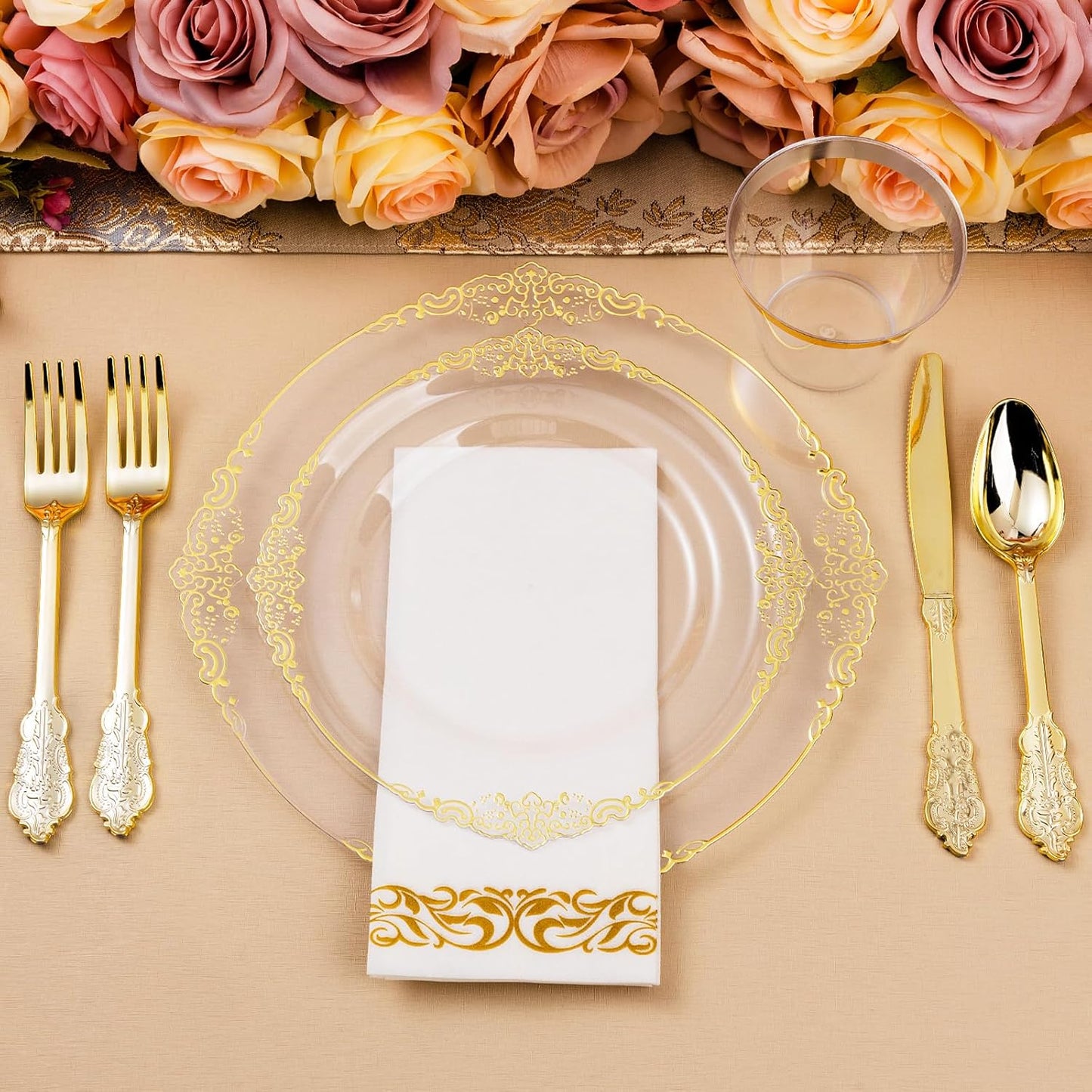 350PCS Clear Gold Plastic Plates for 50 Guests, Disposable Dinnerware Set Includes 100 Clear Disposable Plates, 150 Gold Silverware, 50 Cups, 50 Napkins for Party, Wedding