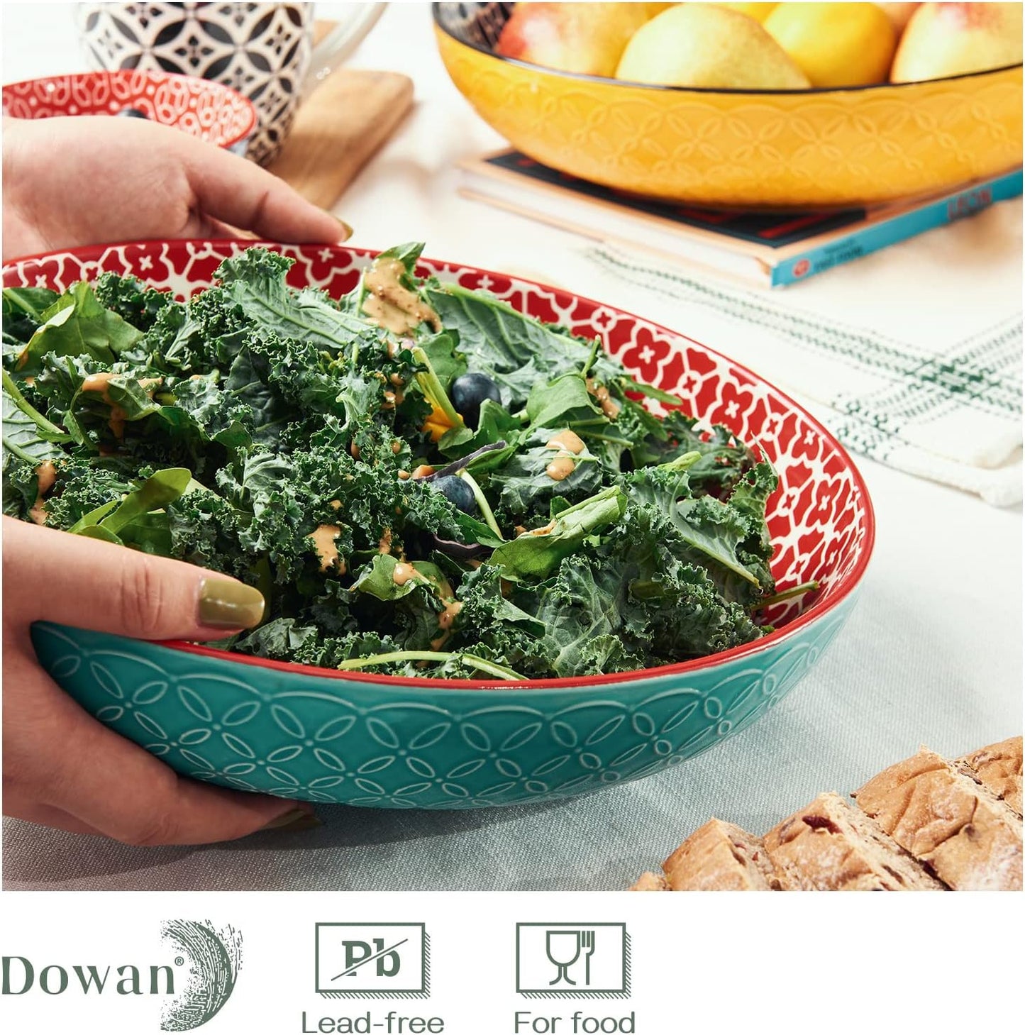 DOWAN 11.5" Large Serving Platter, 2.9 Qt Decorative Fruit Bowl for Kitchen Counter, Serving Dishes for Salad Pasta Entertaining Parties, Ceramic Serving Bowl Plates, Big Colorful Bowls for Home Decor