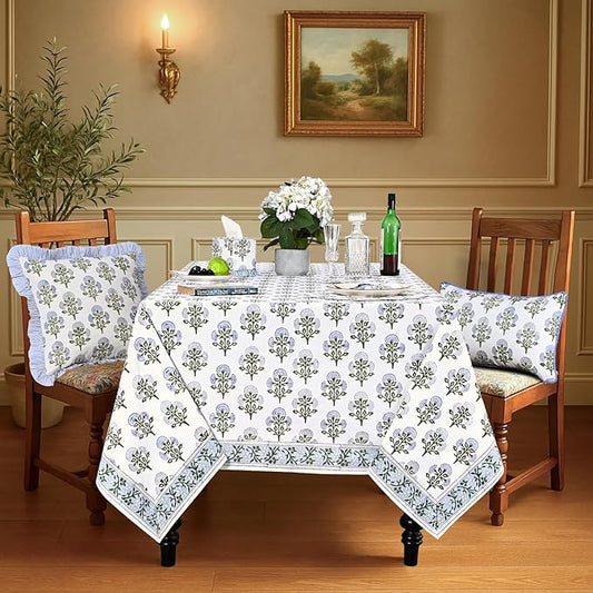 Ridhi Hand Block Print Mughal Buta Blue Square Cotton Tablecloth 60" x 60" Reusable Table Cover Decorative Everyday Use for Dining, Farmhouse, Home Gift for Spring, Easter, Valentine