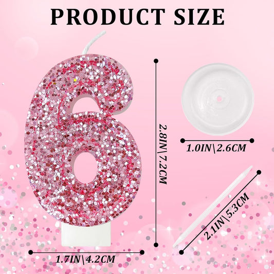 Birthday Number Candles, Glitter Number Candle Cake Decorations with Sequins, Cupcake Decorations for Girls, Women, Party Anniversary Celebrations (Number 6, Pink)