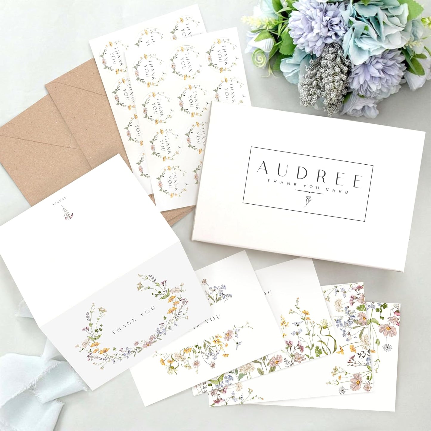 AUDREE Floral Thank You Cards With Envelopes (20 pack 4x6) - Wildflower Thank You Cards With Adhesive Envelope & Stickers - Thank You Cards for Birthday, Wedding, Bridal Showers, Baby Showers
