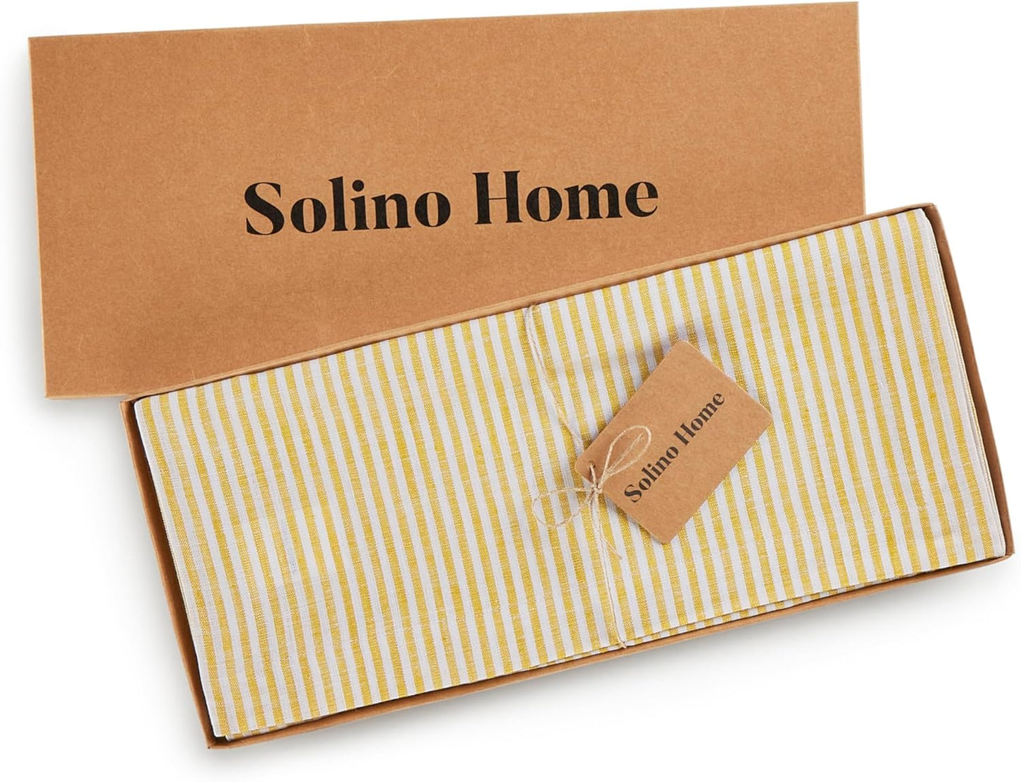 Solino Home Linen Table Runner 108 Inches Long - Narrow Stripe, 100% Pure Linen Spicy Mustard and White Farmhouse Table Runner 14 x 108 Inch for Dining