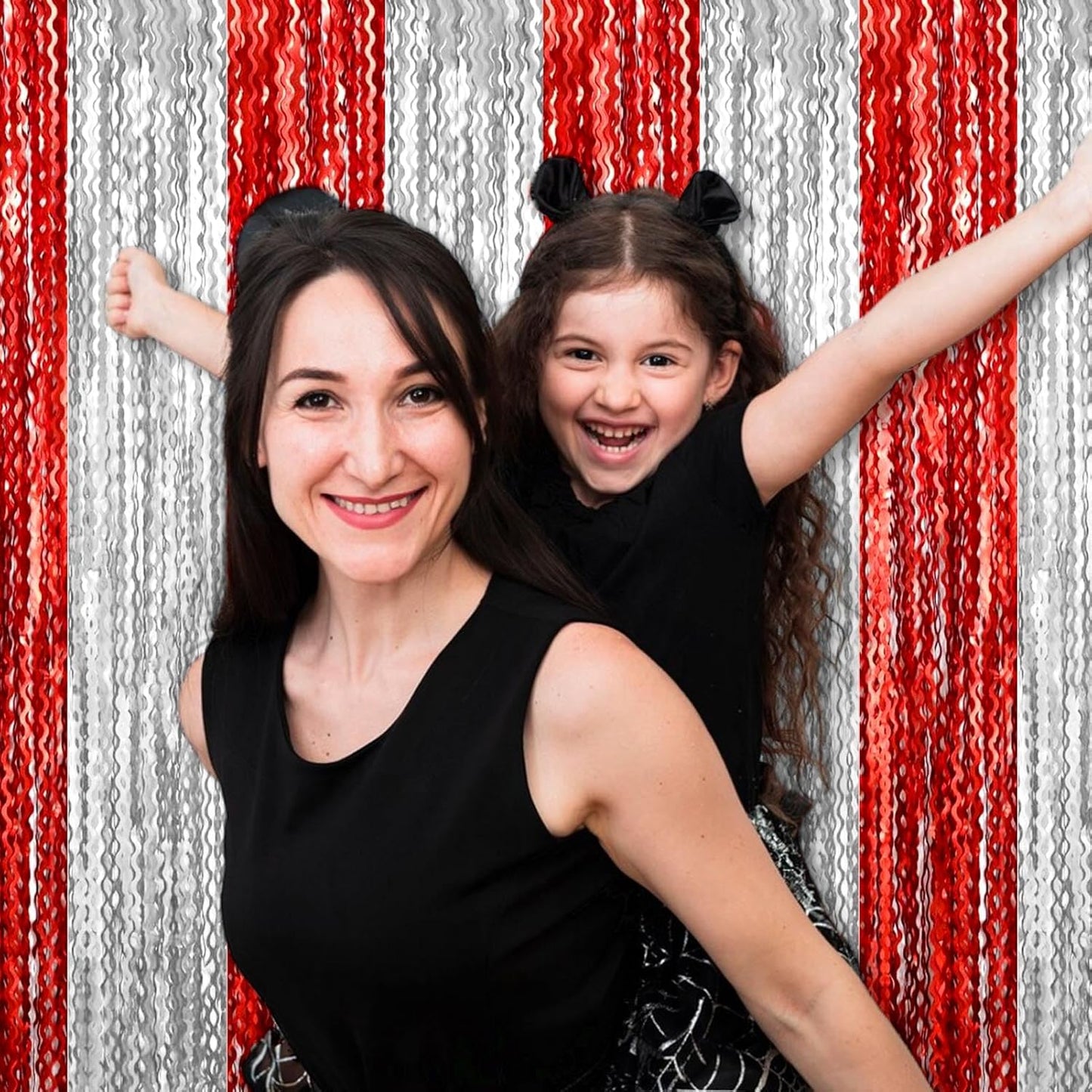 4 Pack Red Silver Fringe Curtain Backdrop 3.2Ft x 8.2Ft Metallic Tinsel Foil Fringe Streamers Background for Photo Booth Mother's Day, Easter, Carnival, Birthday, Wedding Party Decoration