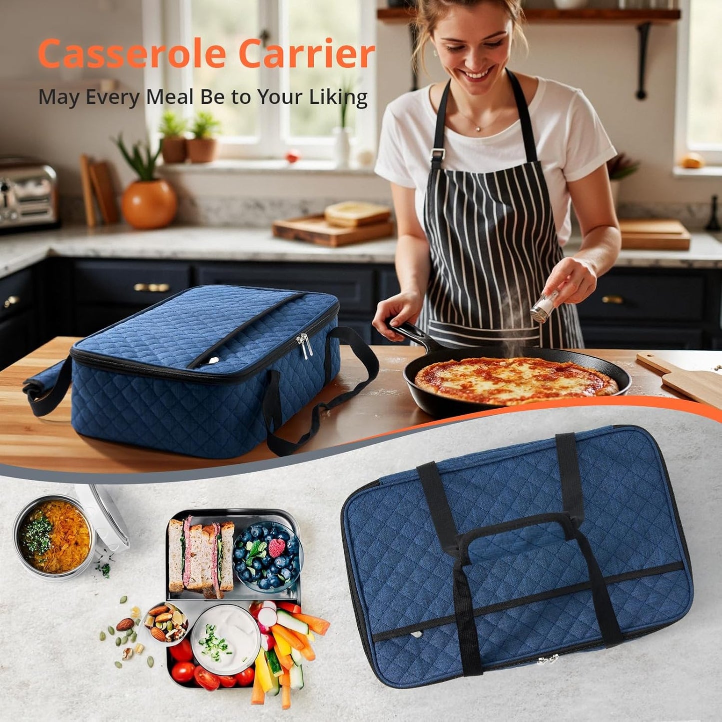 Lunch Bag - Large Insulated Casserole Carrier, Reusable Lunch Box for Men/Women, Insulated Lunch Bag Leakproof Lunchbox for Men Adults Work Picnic Hiking Beach(Navy Blue) 17.12" x 11.42"
