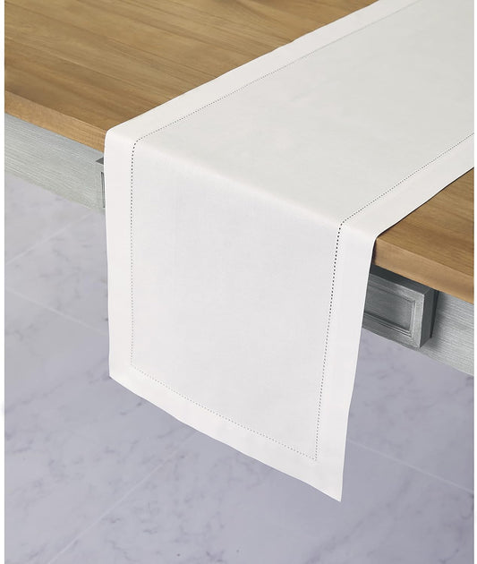 Solino Home White Table Runner 36 Inches - Cotton Linen Hemstitch Coffee Table Runner 14 x 36 Inch Ideal for Dresser Tables - Fall, Autumn, Halloween, Thanksgiving, Christmas, Holiday
