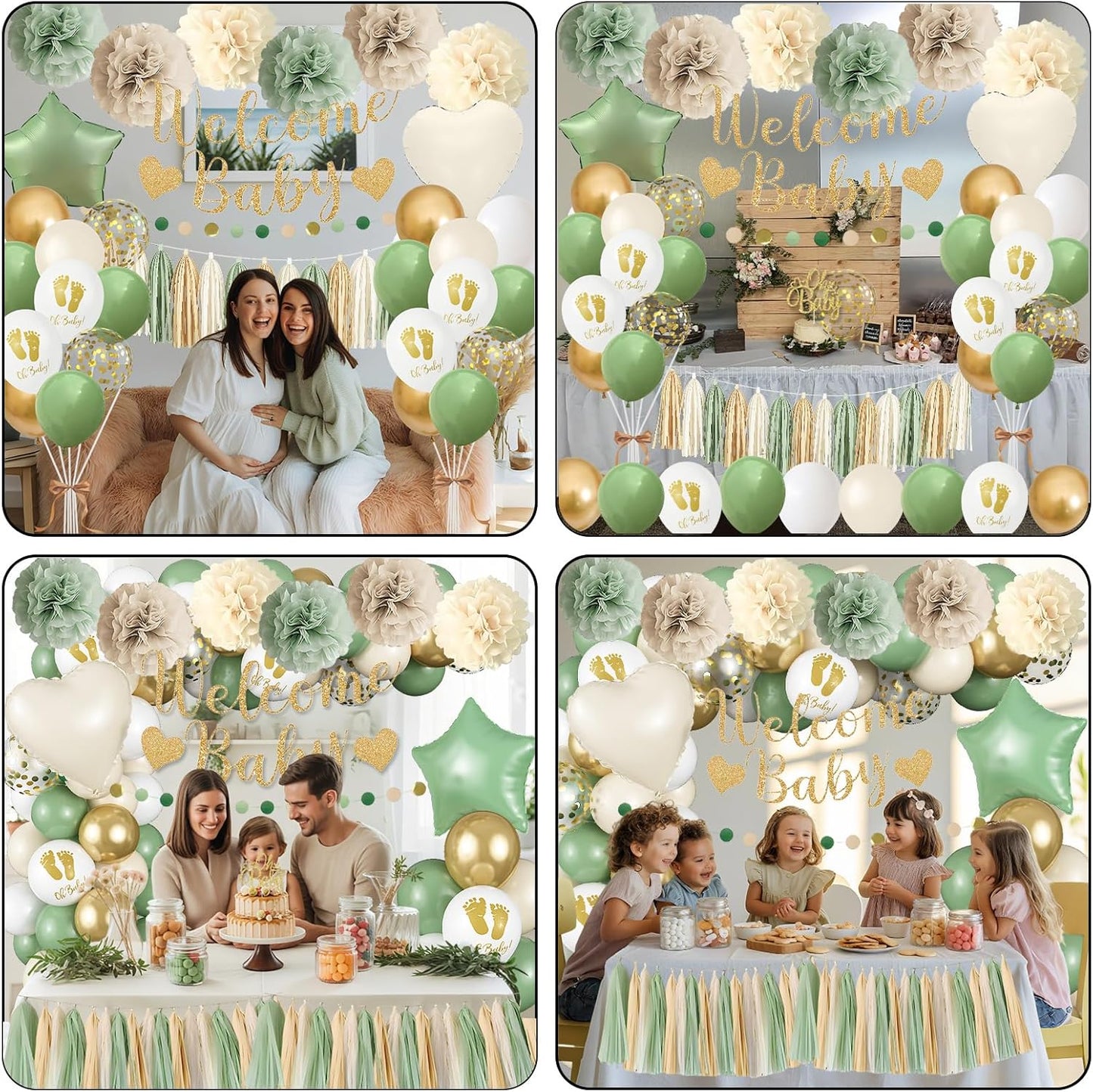Sage Green Baby Shower Decorations, Welcome Baby Banner Olive Green Gold White Sand Confetti Latex Foil Balloons with Oh Baby Cake Topper Pom Poms Tassels for Boho Neutral Gender Reveal Party Supplies