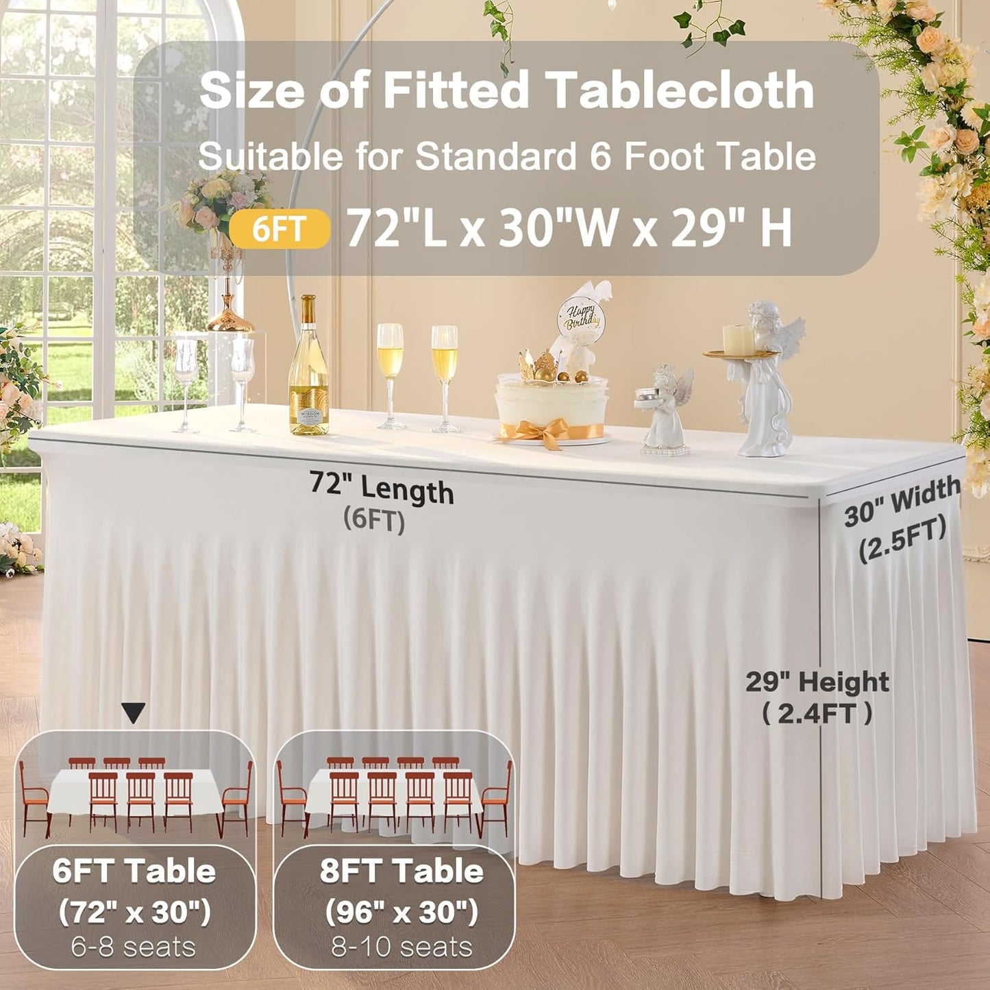 3 pk Spandex Ivory Table Clothes for 6 Foot Rectangle Tables, Stretch Table Cloths 6 ft Fitted Table Cover Desk Skirt for Parties Weddings Birthday Banquet Baby Shower