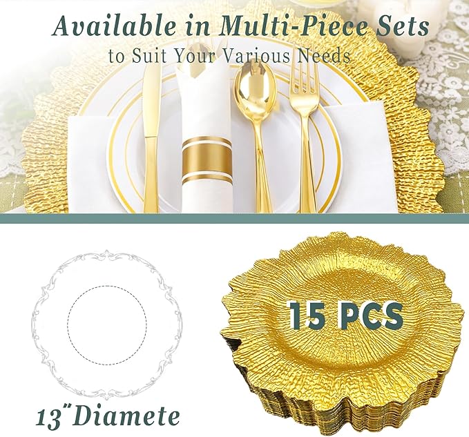 Gold Charger Plates Set of 15/50, Reef Plate Chargers for Dinner Plate, Round Plastic Table Chargers for Thanksgiving, Christmas (15)