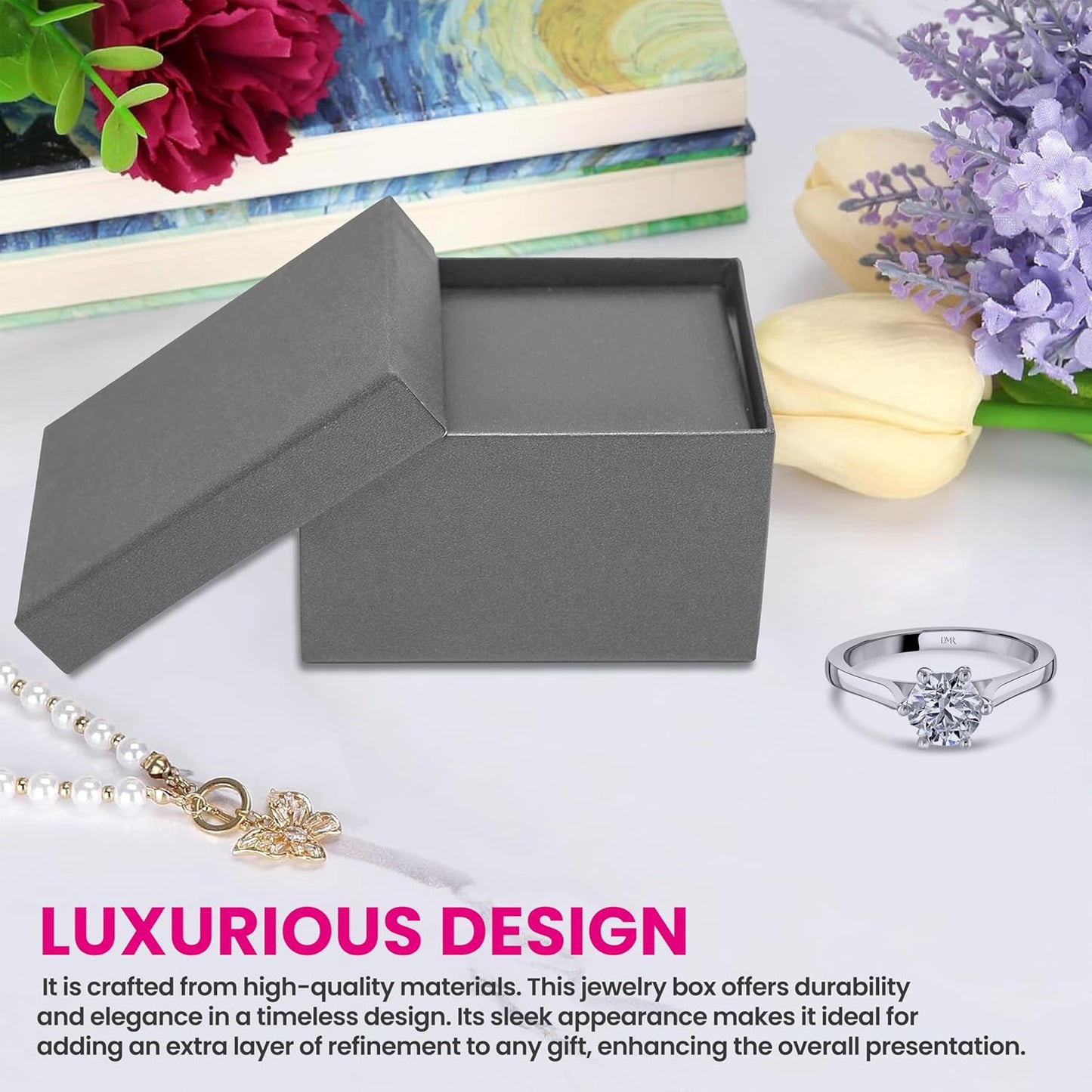 Novel Box Silver Jewelry Box for Double Rings 3.12x2.12x1.87 Inches - Double Rings Gift Box for Proposal Wedding Engagement - Faux Leatherette Jewelry Display Box - Gift Presentation Boxes for Rings