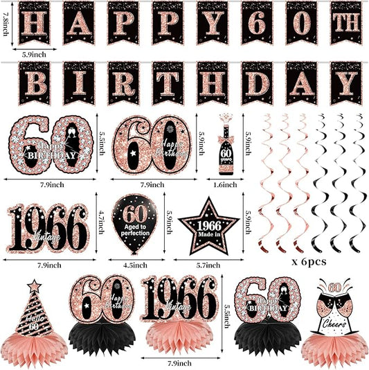Zirtorei 60th Birthday Decorations for Women, 21pcs the Year 1966 Banner Balloon Party Supplies, Rose Gold 60 Year Old Birthday Backdrop, 60 Bday Honeycomb Centerpiece Hanging Swirls Sash Gifts