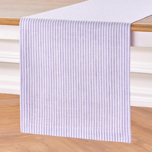 Solino Home Linen Table Runner 48 Inches - Narrow Stripe 100% Pure Linen Lavender and White Table Runner 14 x 48 Inch Ideal for Dresser and Coffee Tables - Fall, Halloween, Thanksgiving, Christmas
